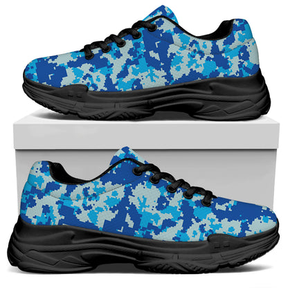 Blue Digital Camo Pattern Print Black Chunky Shoes