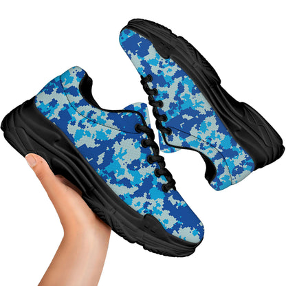 Blue Digital Camo Pattern Print Black Chunky Shoes