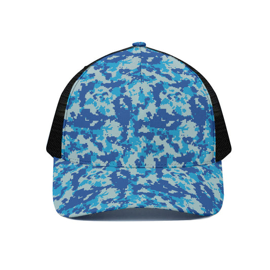 Blue Digital Camo Pattern Print Black Mesh Trucker Cap
