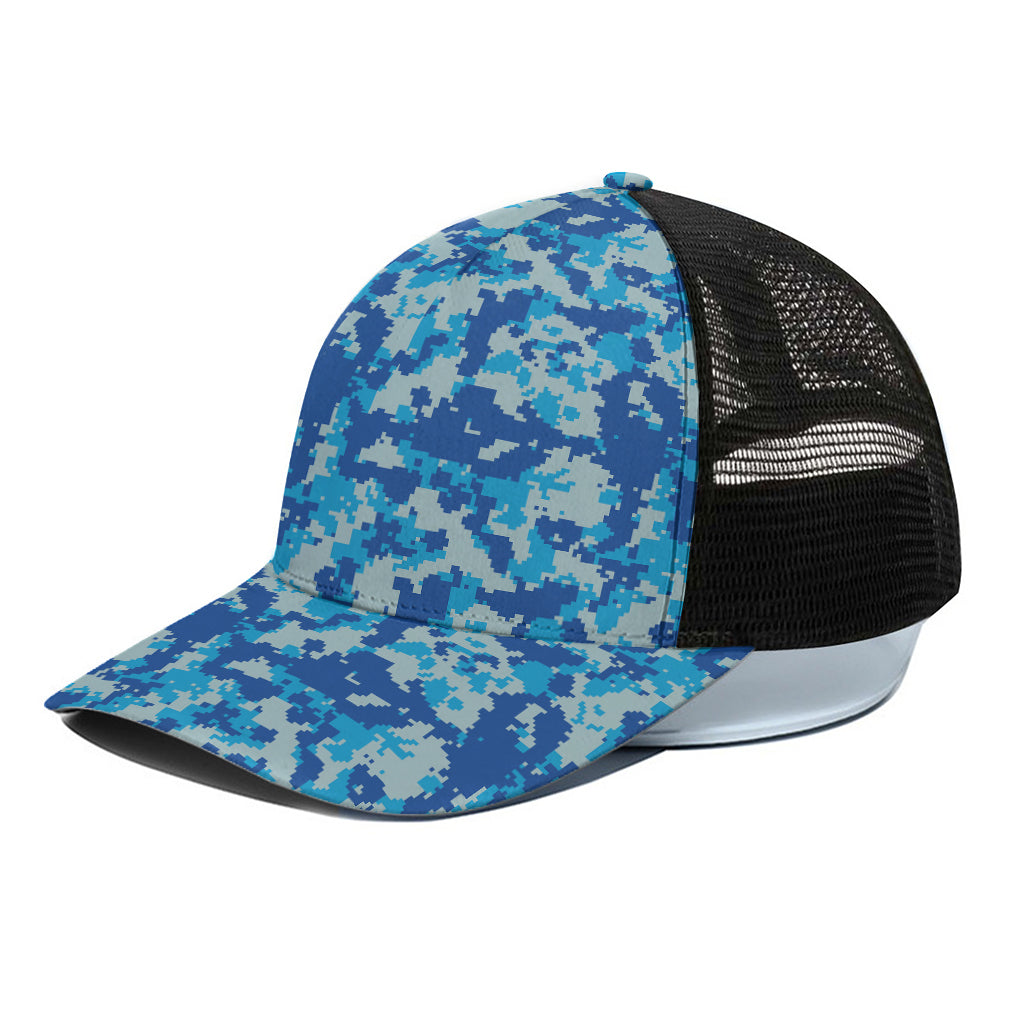 Blue Digital Camo Pattern Print Black Mesh Trucker Cap