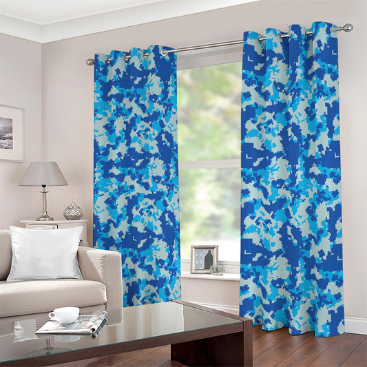 Blue Digital Camo Pattern Print Blackout Grommet Curtains