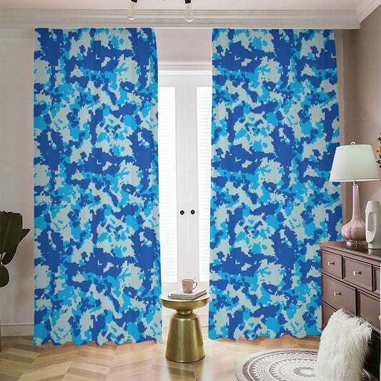 Blue Digital Camo Pattern Print Blackout Pencil Pleat Curtains