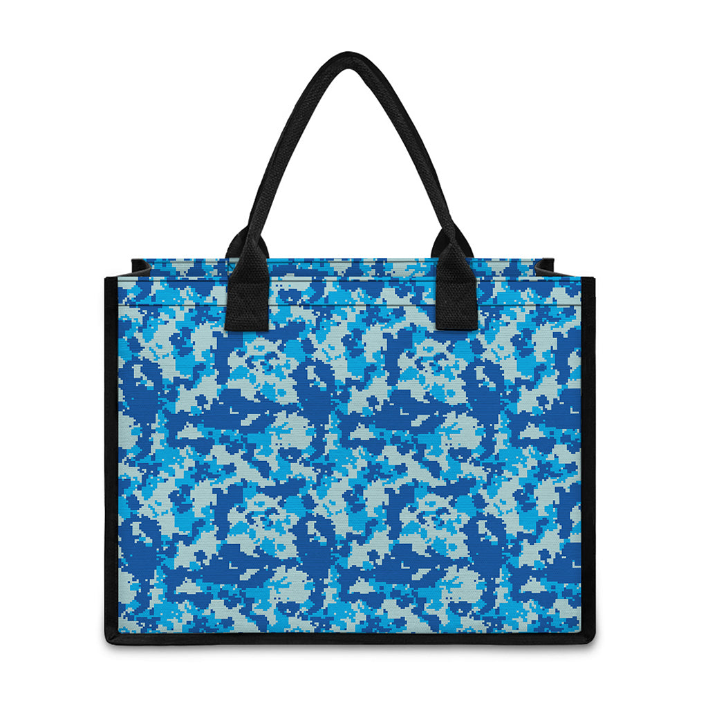 Blue Digital Camo Pattern Print Canvas Tote Bag