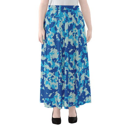 Blue Digital Camo Pattern Print Chiffon Maxi Skirt