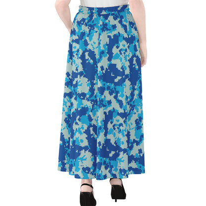 Blue Digital Camo Pattern Print Chiffon Maxi Skirt