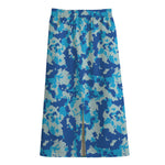 Blue Digital Camo Pattern Print Cotton Front Slit Maxi Skirt