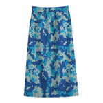 Blue Digital Camo Pattern Print Cotton Front Slit Maxi Skirt