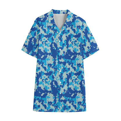 Blue Digital Camo Pattern Print Cotton Hawaiian Shirt