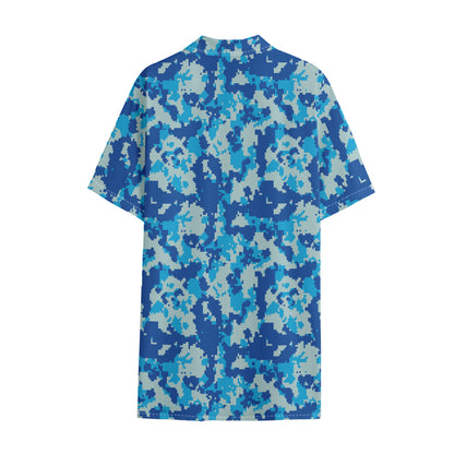 Blue Digital Camo Pattern Print Cotton Hawaiian Shirt