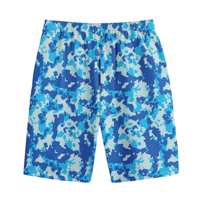 Blue Digital Camo Pattern Print Cotton Shorts