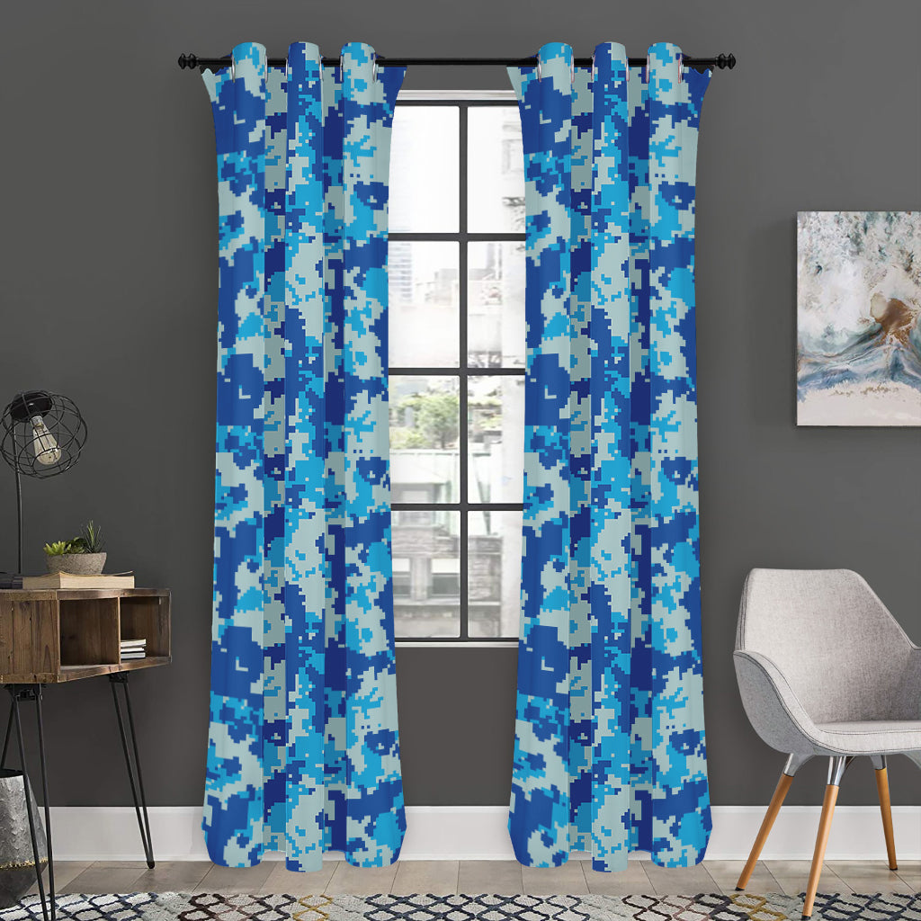 Blue Digital Camo Pattern Print Curtain