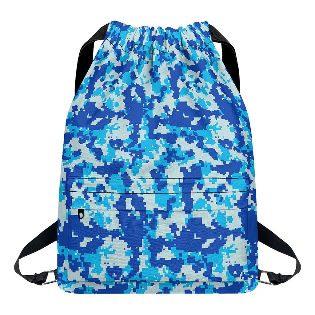 Blue Digital Camo Pattern Print Drawstring Backpack