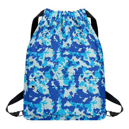 Blue Digital Camo Pattern Print Drawstring Backpack