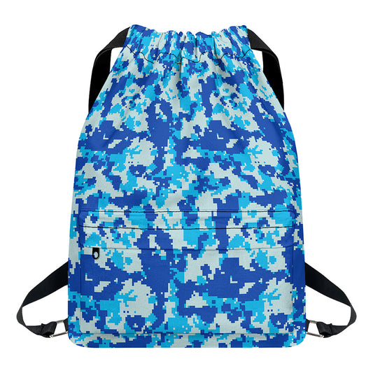 Blue Digital Camo Pattern Print Drawstring Backpack