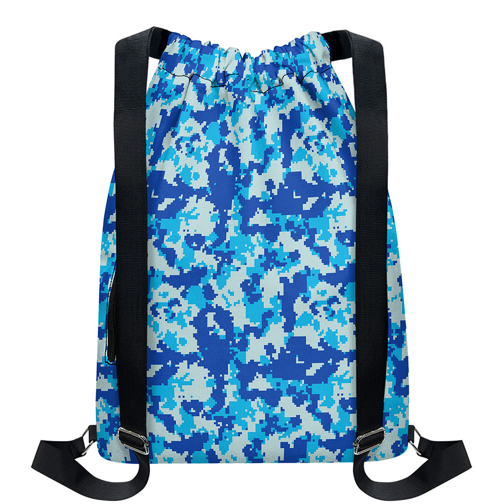 Blue Digital Camo Pattern Print Drawstring Backpack