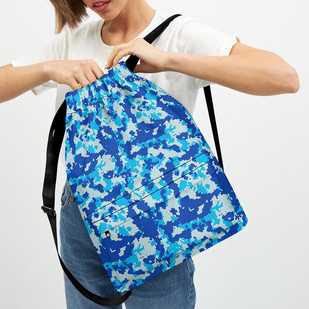 Blue Digital Camo Pattern Print Drawstring Backpack