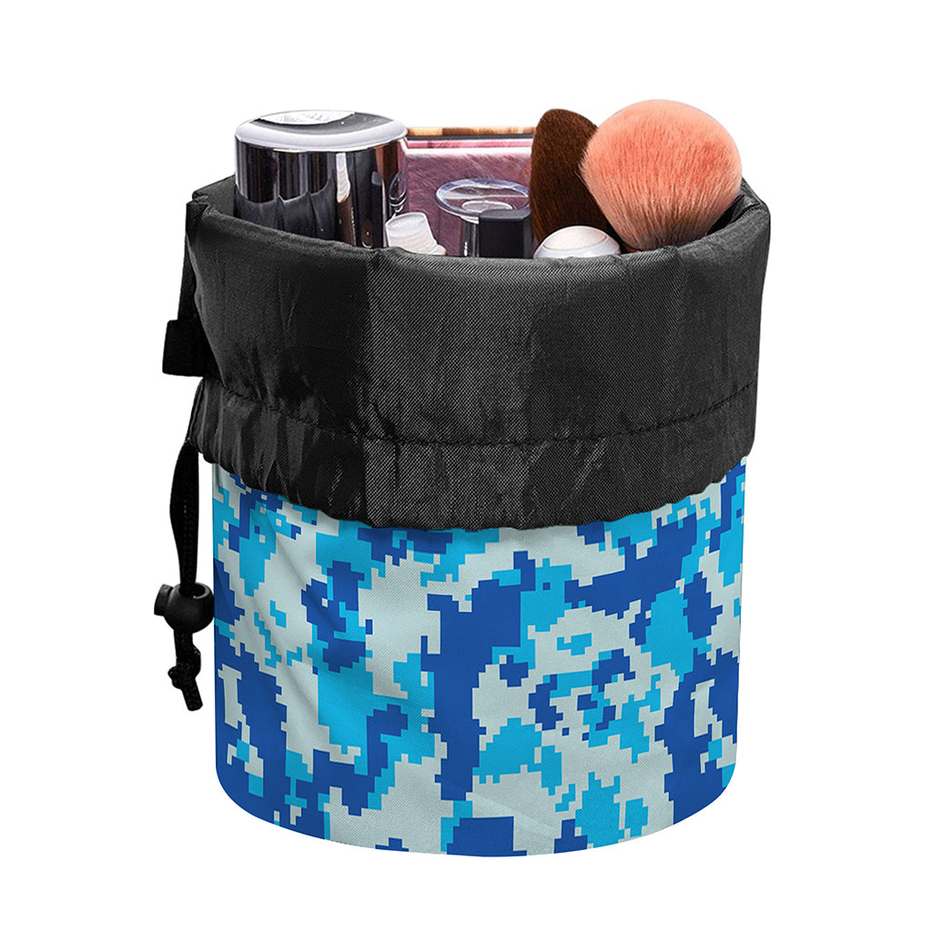 Blue Digital Camo Pattern Print Drawstring Makeup Bag