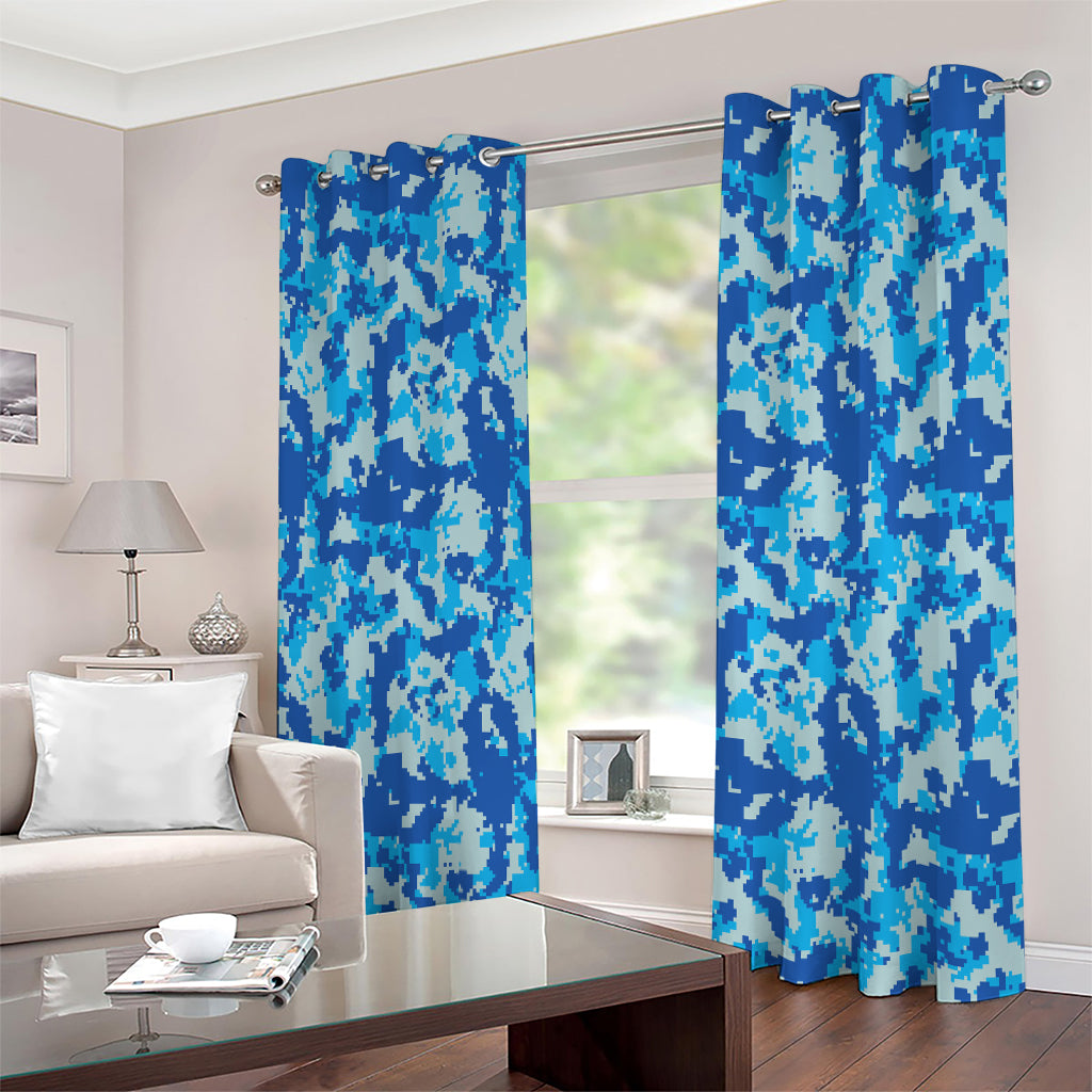 Blue Digital Camo Pattern Print Extra Wide Grommet Curtains