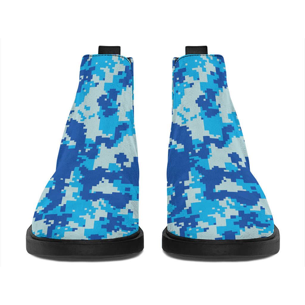 Blue Digital Camo Pattern Print Flat Ankle Boots