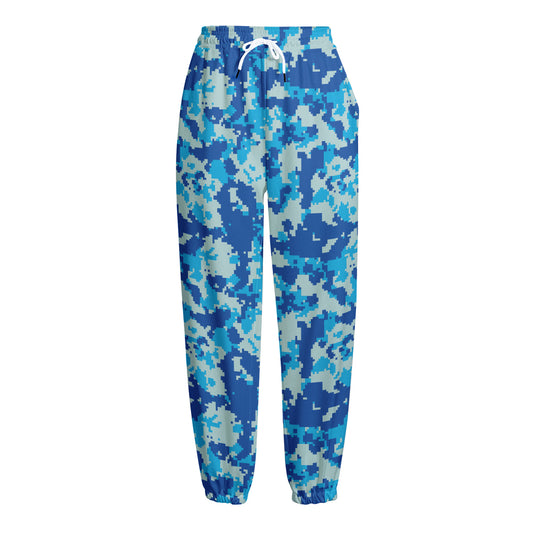 Blue Digital Camo Pattern Print Fleece Lined Knit Pants