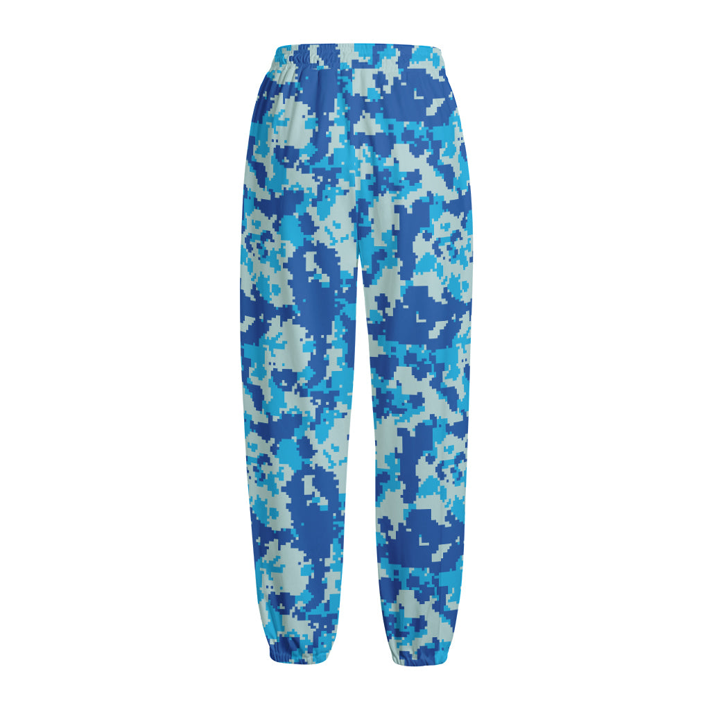 Blue Digital Camo Pattern Print Fleece Lined Knit Pants