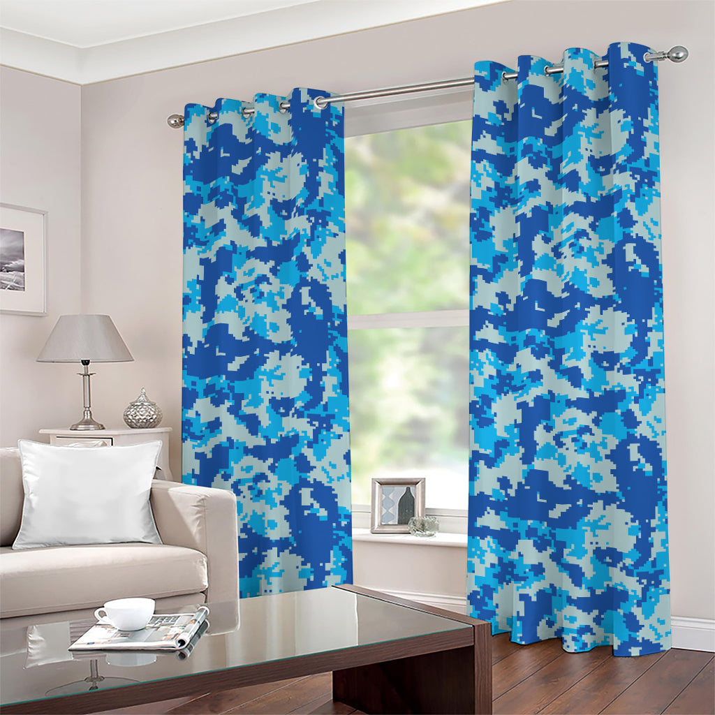 Blue Digital Camo Pattern Print Grommet Curtains