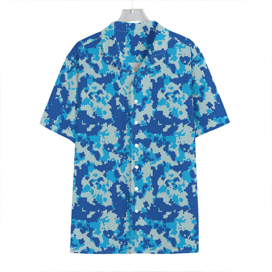 Blue Digital Camo Pattern Print Hawaiian Shirt