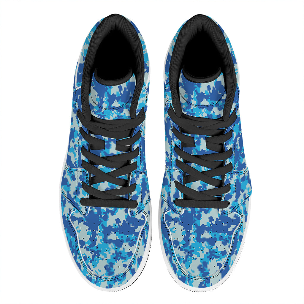 Blue Digital Camo Pattern Print High Top Leather Sneakers