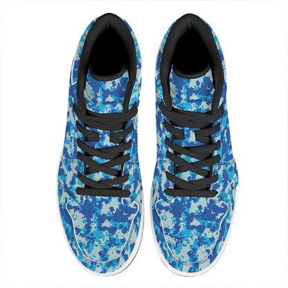 Blue Digital Camo Pattern Print High Top Leather Sneakers