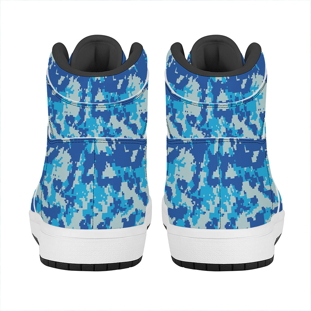 Blue Digital Camo Pattern Print High Top Leather Sneakers