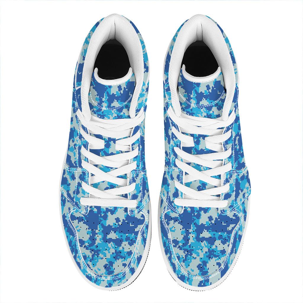 Blue Digital Camo Pattern Print High Top Leather Sneakers