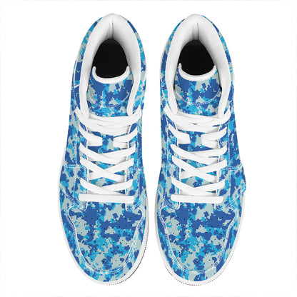 Blue Digital Camo Pattern Print High Top Leather Sneakers