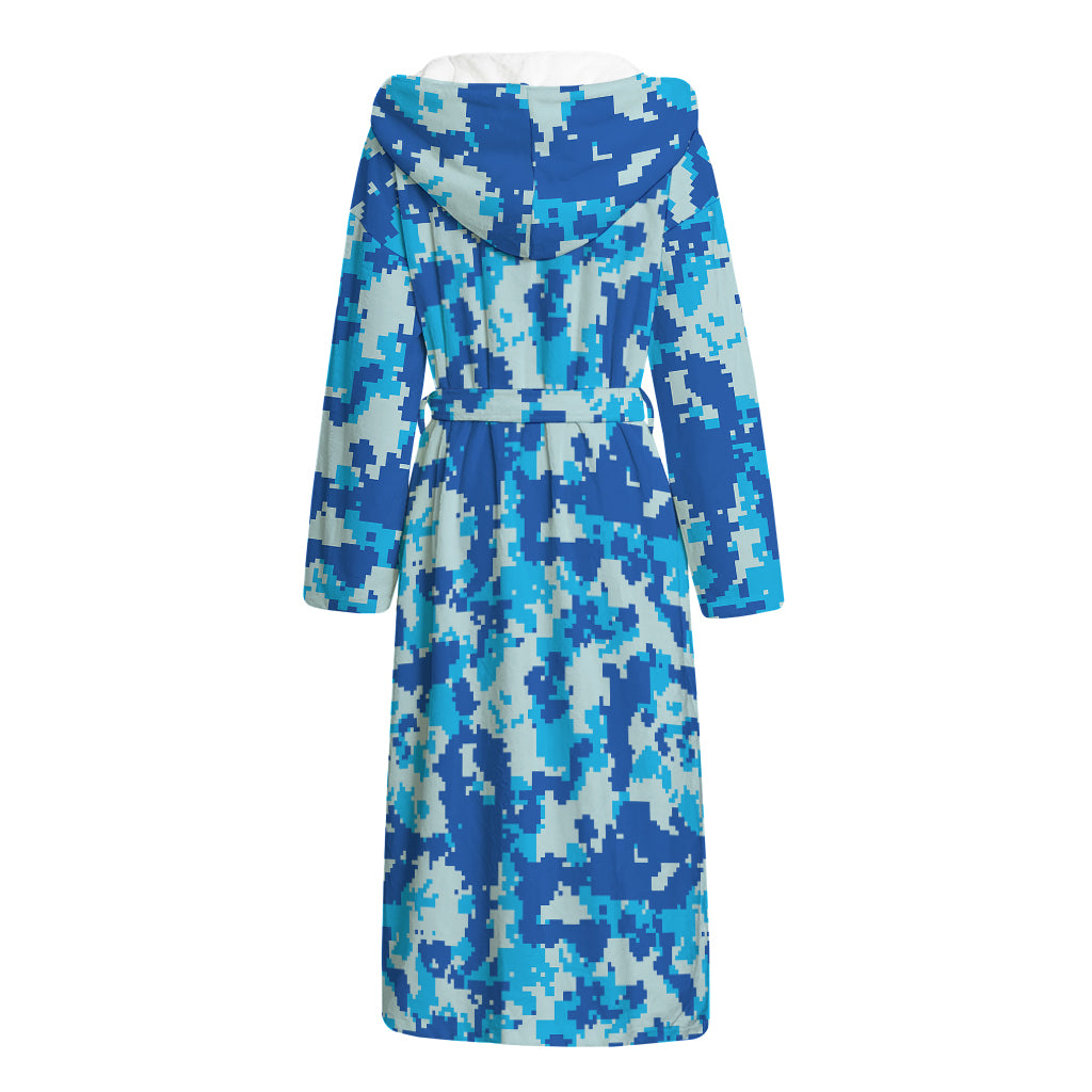 Blue Digital Camo Pattern Print Hooded Bathrobe