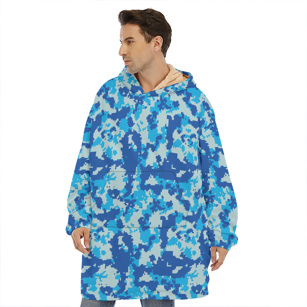 Blue Digital Camo Pattern Print Hoodie Blanket