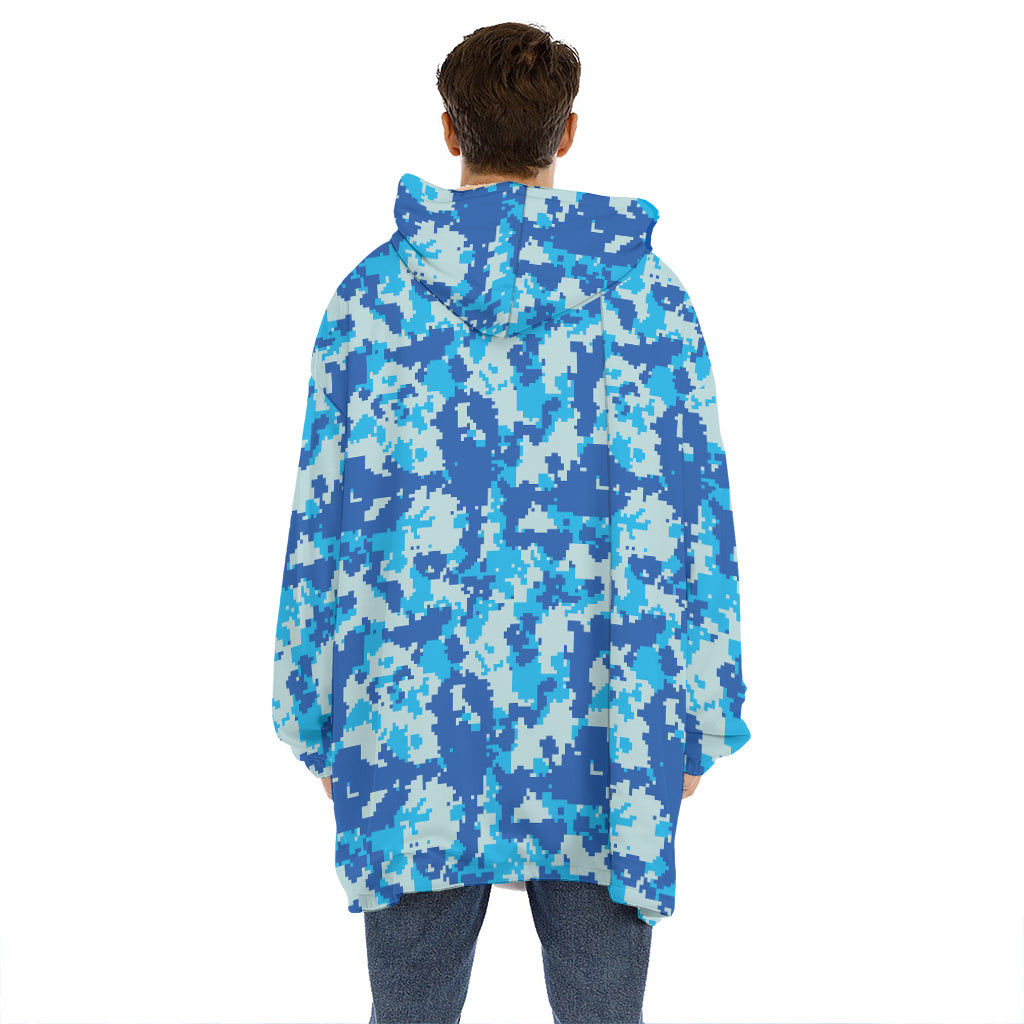 Blue Digital Camo Pattern Print Hoodie Blanket
