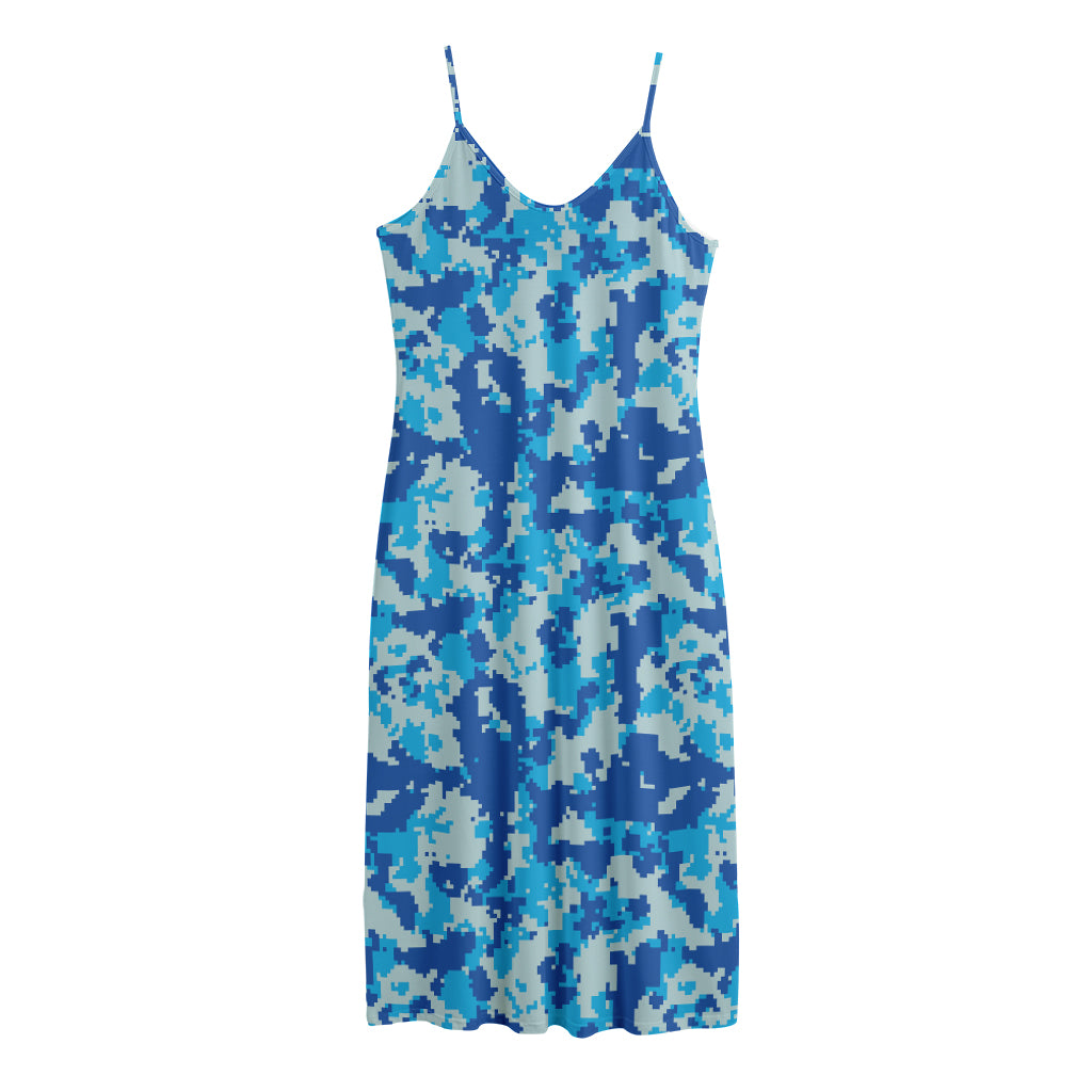 Blue Digital Camo Pattern Print Jersey Midi Cami Dress