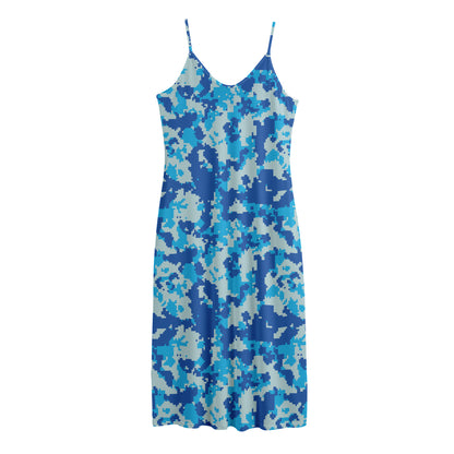 Blue Digital Camo Pattern Print Jersey Midi Cami Dress
