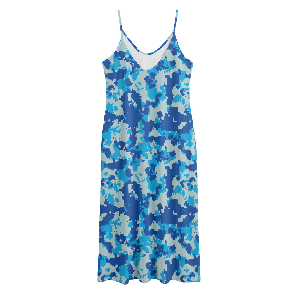 Blue Digital Camo Pattern Print Jersey Midi Cami Dress