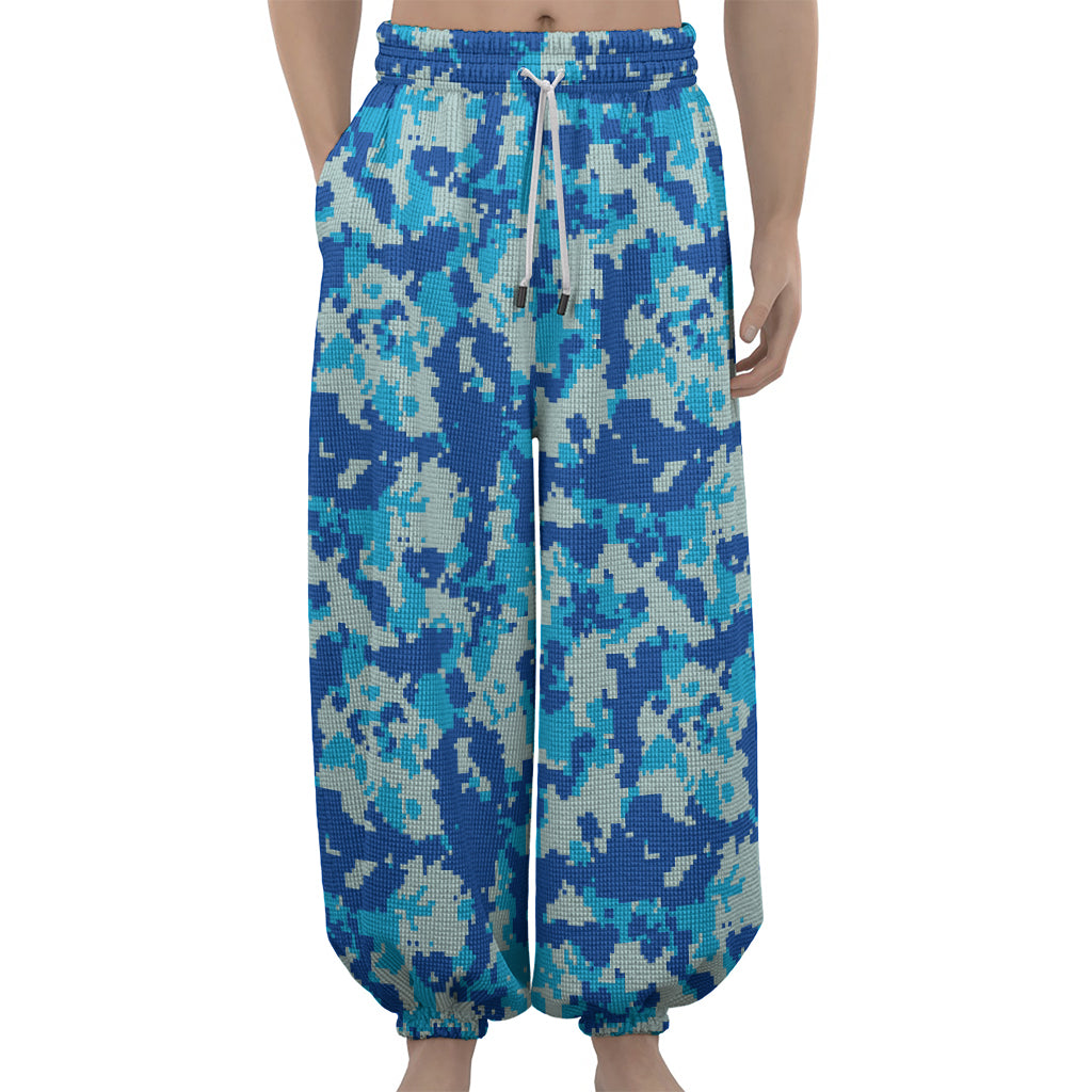 Blue Digital Camo Pattern Print Lantern Pants