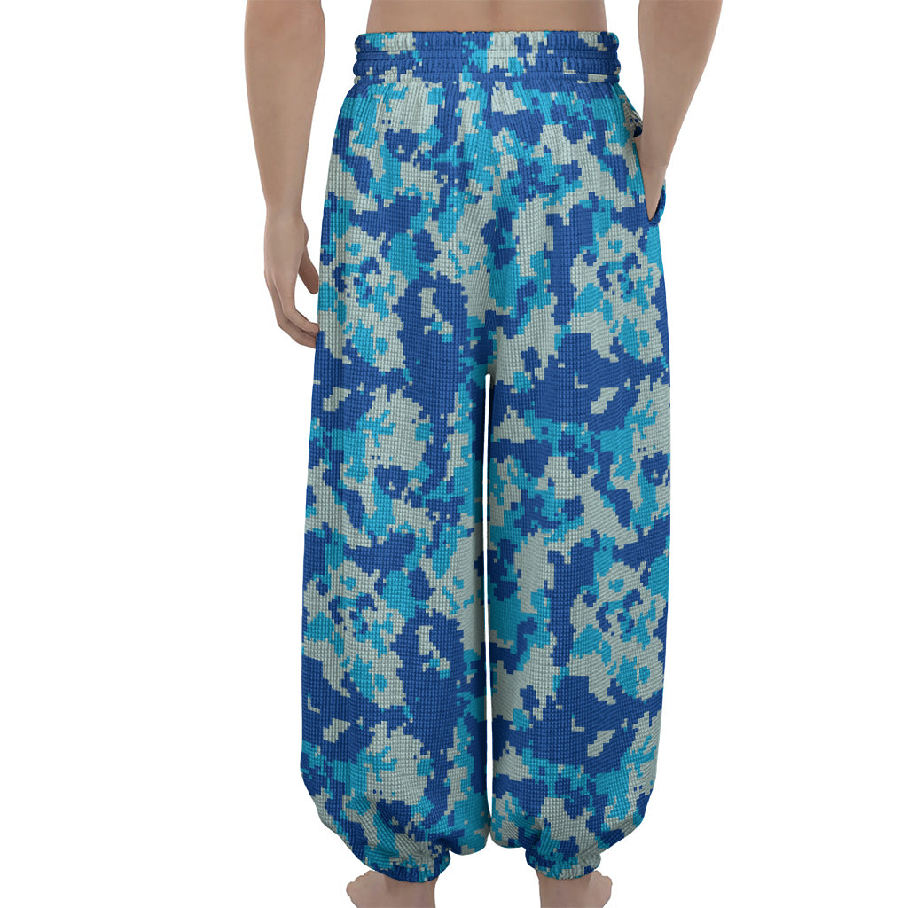Blue Digital Camo Pattern Print Lantern Pants
