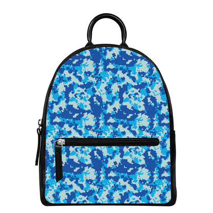 Blue Digital Camo Pattern Print Leather Backpack
