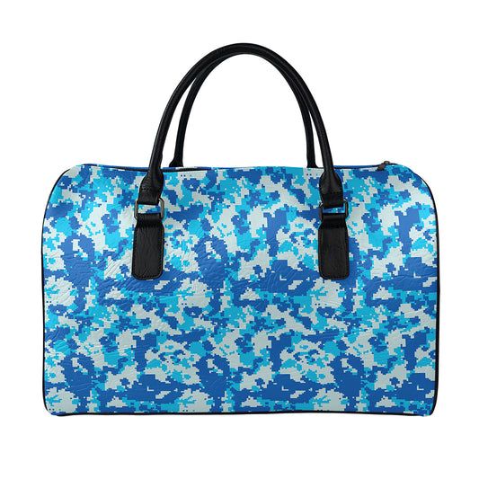Blue Digital Camo Pattern Print Leather Duffle Bag