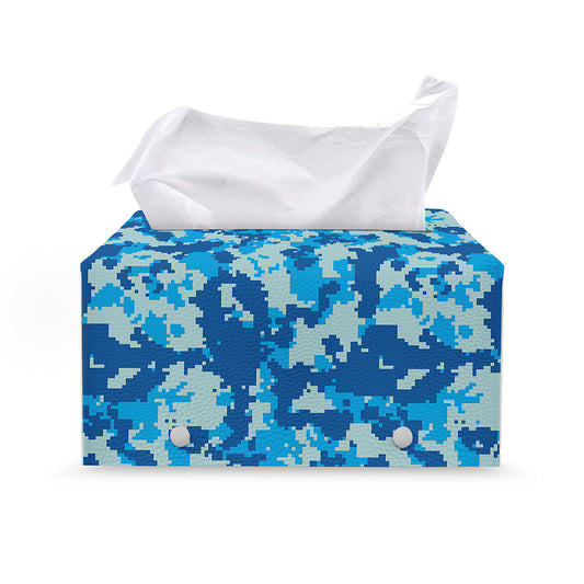 Blue Digital Camo Pattern Print Leather Tissue Box Cover