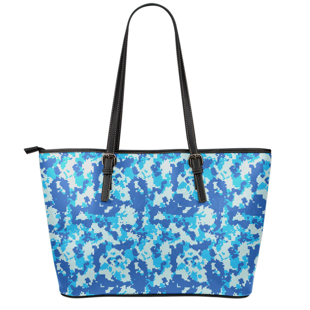 Blue Digital Camo Pattern Print Leather Tote Bag