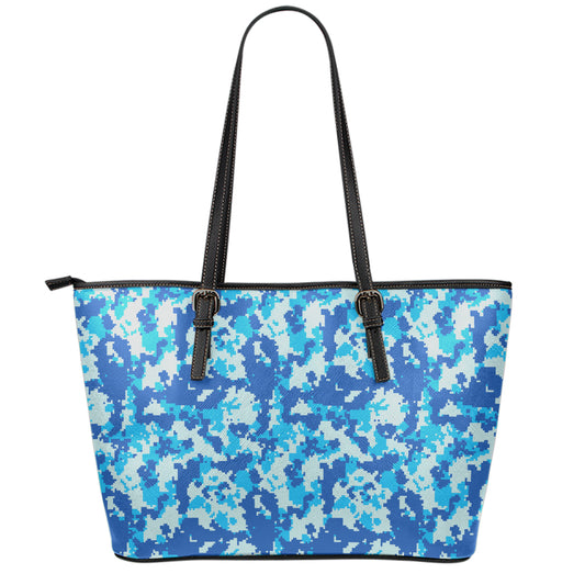 Blue Digital Camo Pattern Print Leather Tote Bag