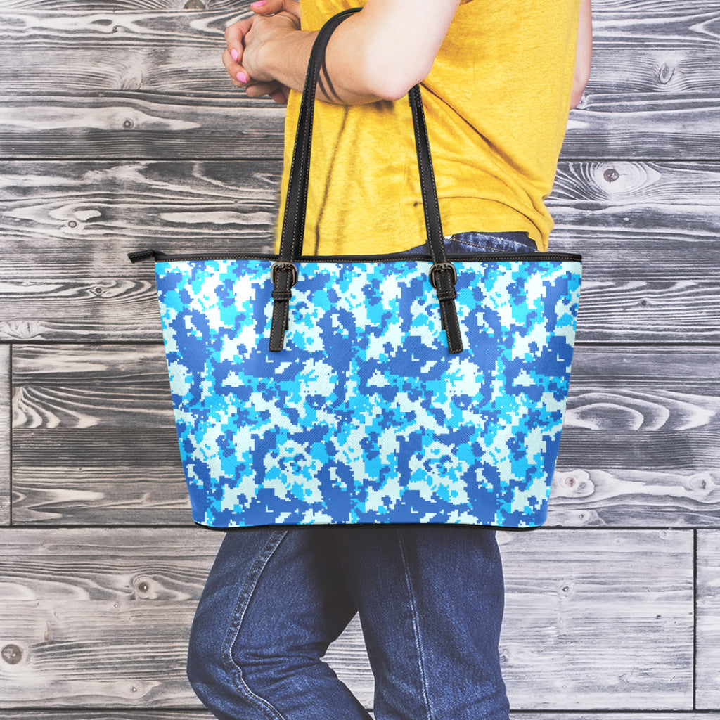 Blue Digital Camo Pattern Print Leather Tote Bag