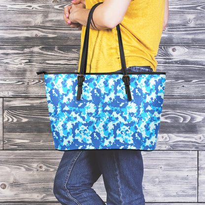 Blue Digital Camo Pattern Print Leather Tote Bag