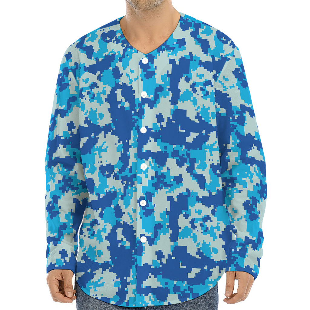 Blue Digital Camo Pattern Print Long Sleeve Baseball Jersey