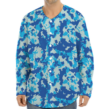 Blue Digital Camo Pattern Print Long Sleeve Baseball Jersey