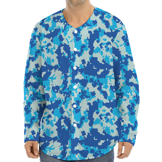 Blue Digital Camo Pattern Print Long Sleeve Baseball Jersey